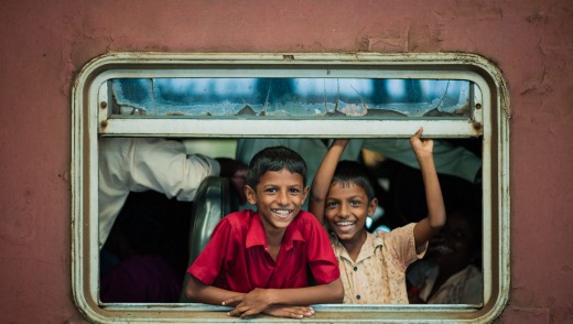 Children on a train in Sri Lanka.