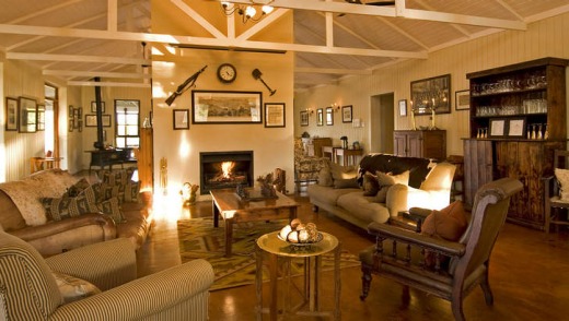 The Three Trees lodge lounge and fireplace.