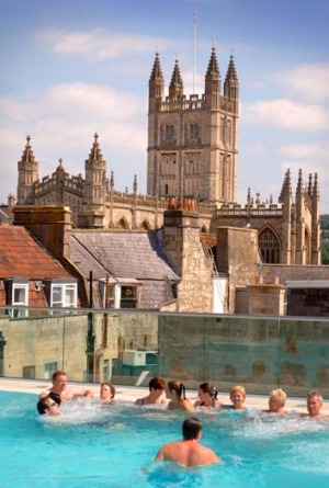 Thermae Bath Spa with a view of Bath Abbey.