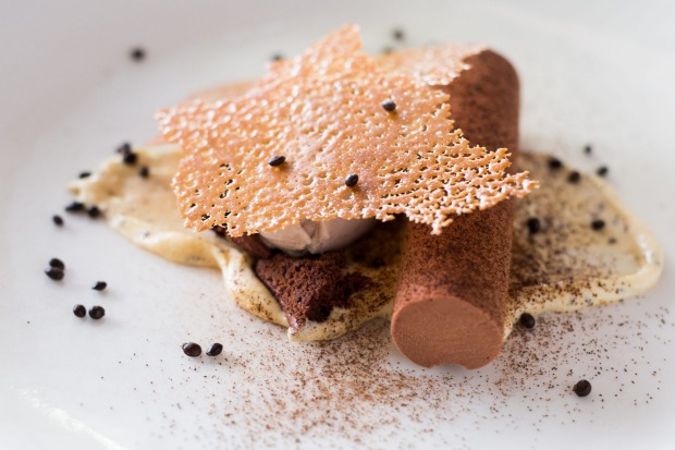 Chocolate Mousse, wattle seed cream and baked banana sorbet served at COMO The Treasury, Perth