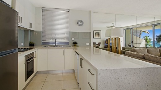 A kitchen at Fairshore Beachfront Apartments at Noosa.