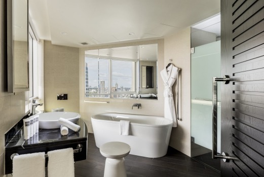A bathroom with a view at Swissotel Sydney.