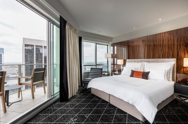 A guest room at the Swissotel Sydney, with its roomy balcony.