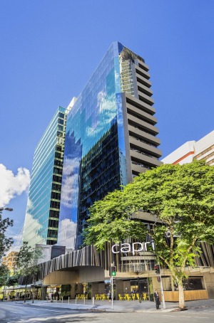 The hotel occupies a former corner office block:  Capri by Fraser, Brisbane.