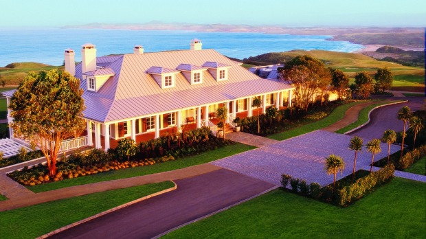 Kauri Cliffs Lodge at sunset.