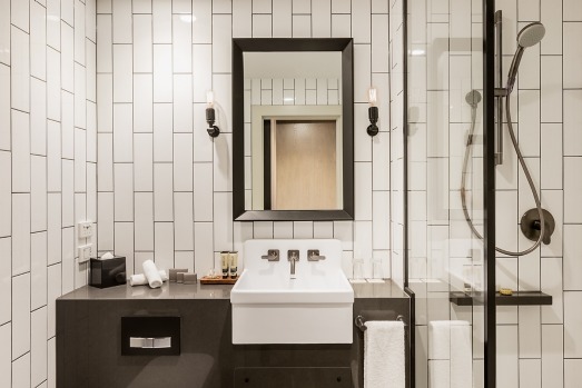 The bathrooms at DoubleTree by Hilton Melbourne evoke memories of the 'ladies' at modern European train stations.