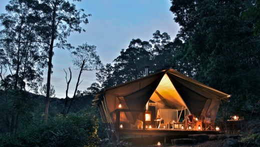 A luxury tent at sunset, Nightfall Wilderness Camp.