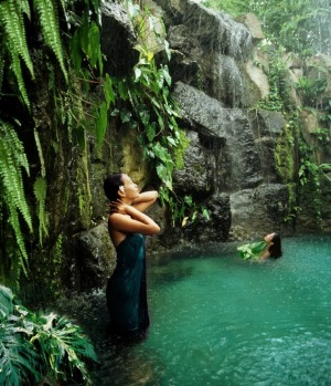 Enjoying the waterfall pool at The Farm at San Benito.