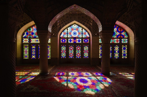 Stained-glass windows inside the winter prayer hall of Nasir-ol-Molk Mosque (Masjed-e Nasir-ol-Molk), Shiraz, Iran.