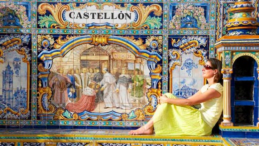 Solo in style at Seville's Plaza de Espana, Spain.