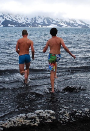 Two bathers take the plunge at Whalers Bay.