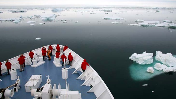 On parade ... the MV Orion approaches the Antarctic continent.