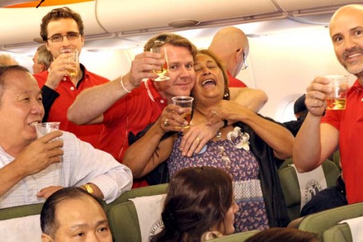 Punters at midnight aboard the NYE 09 airbus A380, the first time one has flown to Antarctica.