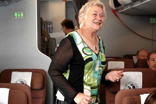 June Preece from Warrnambool aboard the NYE 09 airbus A380, the first time one has flown to Antarctica.