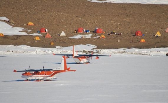 Whale researchers camp off the ice.