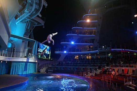 A diver performs in the Allure of the Seas's Aquatheatre show.