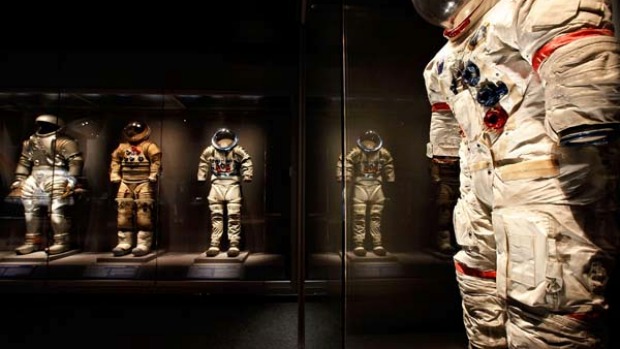 Cosmic fashion ... space suits on display at the Kennedy Space Centre.