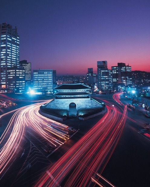 Traffic around Namdaemun, the Great South Gate, in Seoul, South Korea.