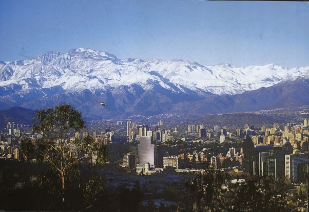 Picture shows a postcard view of Santiago, Chile.