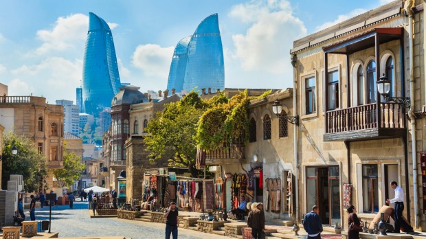 Capital of Azerbaijan, Baku, with the Flame Towers skyscrapers in the background.
