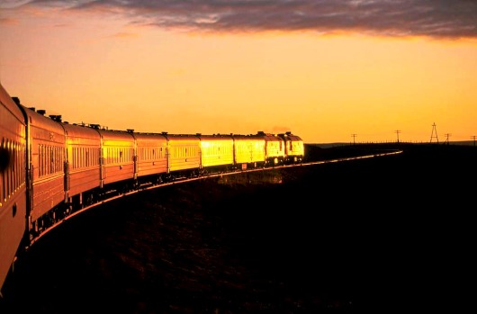 The Trans-Siberian railway train through the Gobi desert.