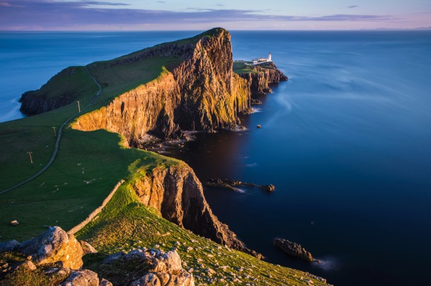 Sunset at Neist Point lighthouse, Isle of Skye, Scotland.