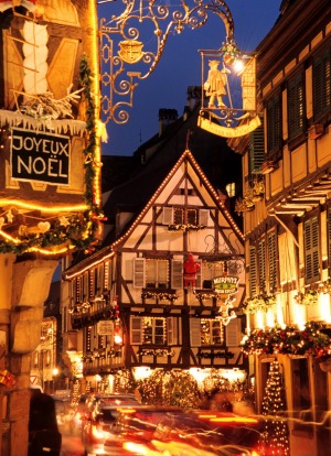 France, Haut Rhin, Colmar, Christmas lights on Rue des Marchands.