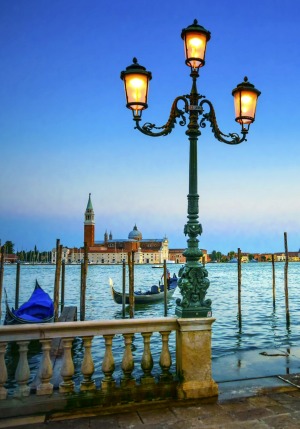 Venice street lamp during twilight.