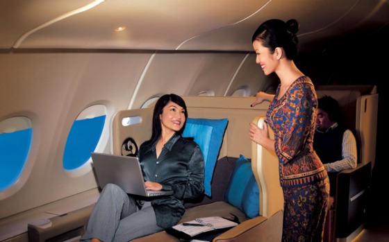 Business class on board a Singapore Airlines.