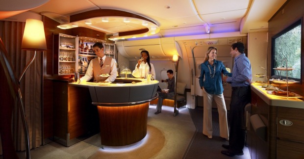 Stretch your legs with a visit to the bar on Emirates A380 Business Class.
