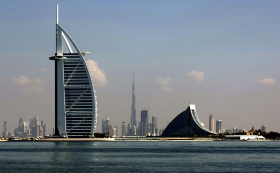 Dubai's three most prominent architectural icons, Burj an-Arab Hotel (left), Jumirah Hotel (right) and Burj Dubai (centre).