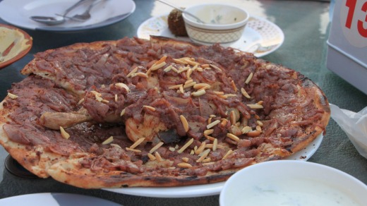 Musakhan, a Palestinian dish, is served at Qwaider al Nabulsi.