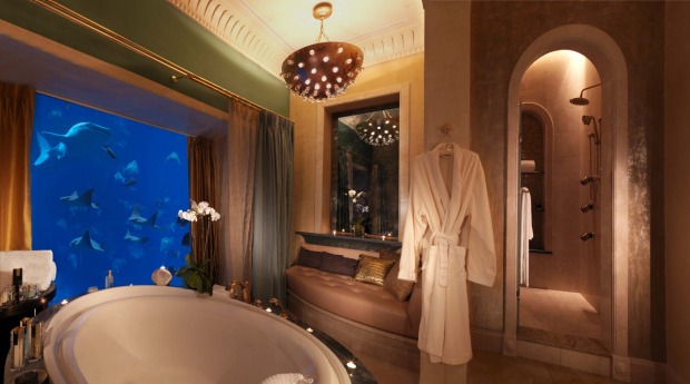 Marine serenity: A bathroom in an underwater suite at The Palm Atlantis.