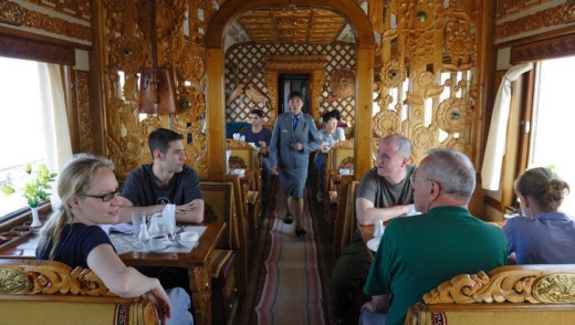 The restaurant car of the Trans-Mongolian train.
