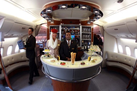 The on board horseshoe bar on an Emirates A380 superjumbo.