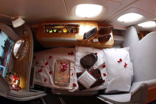 A first class seat on an Emirates Airbus A380 superjumbo.