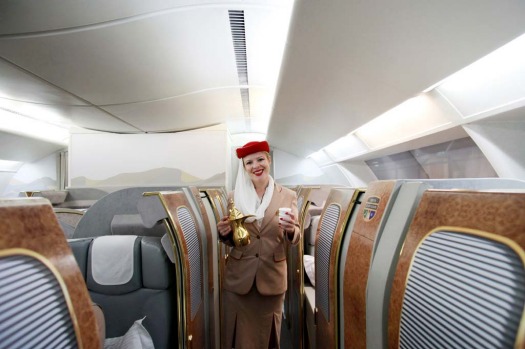 Sherry Wryghte, a training instructor with Emirates Airline, stands in the first class cabin section of the company's ...