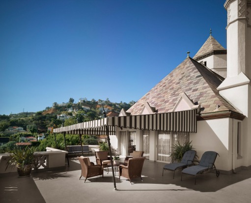 The penthouse terrace at Chateau Marmont, West Hollywood, Los Angeles.