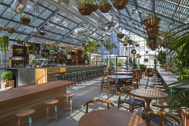 The Commissary greenhouse restaurant at The Line, Downtown Los Angeles.