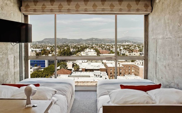 A twin room at The Line, facing the Hollywood Hills.