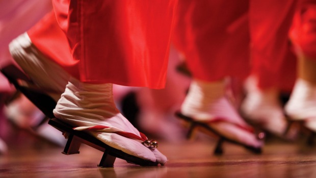 Feet of awa-odori dancers at Awa Odori Kaikan hall.