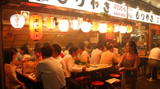A crowded Yakitori bar on a Friday night in Ginza, Tokyo.