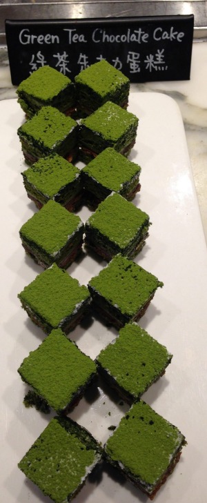 Dainty diamonds: Green tea chcoclate cake.