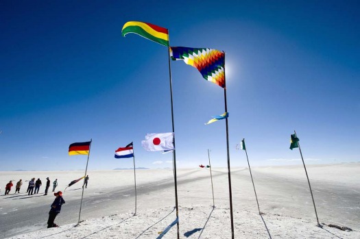Flags from numerous countries are seen waving at the Uyuni salt flats, Bolivia.