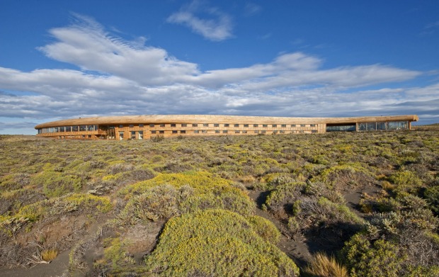 Tierra Patagonia. The long, flat design of the building blends into the landscape.
