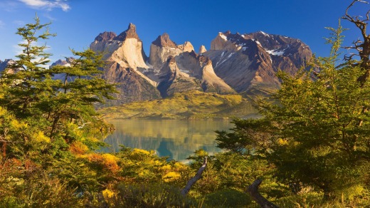 Cuernos del Paine reflected in Lago (Lake) Pehoe, Torres del Paine National Park, Patagonia, Chile.