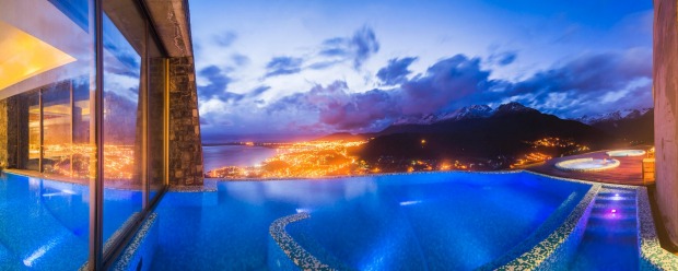 The outdoor swimming pool at night.