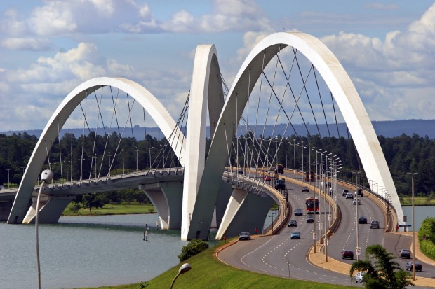 The Juscelino Kubitschek bridge designed by architect Alexandre Chan stretches over the over the Paranoa Lake in Brasilia.