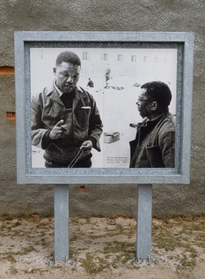 A photo of Nelson Mandela and Walter Sisulu when they were prisoners at Robben Island under apartheid regime stands at ...
