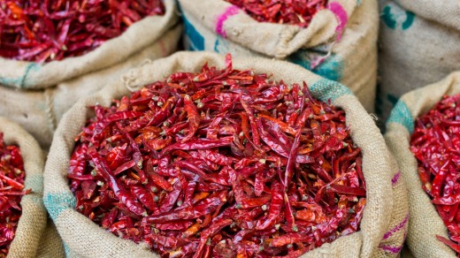 Red chillies on sale at Khari Baoli spice and dried foods market.
